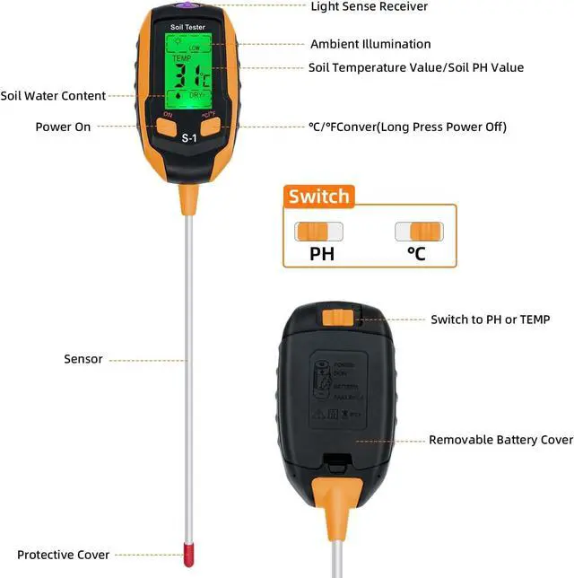 Alt view image 2 of 7 - 4-in-1 Soil PH Meter Digital Plant Moisture Meter with PH Temperature Light Environment's Moisture Soil PH Meter Soil Sensor Tester for Garden Indoor and Outdoor Plants Farm Lawn