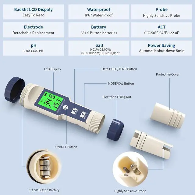 Alt view image 2 of 6 - Pool Salt Tester and pH Tester,  pH Meter & Salt Meter for Pool Saltwater, 5 in 1 Digital Salinity Tester for Saltwater Aquarium Sodium Chloride Swimming Pools Hot Tubs Spas, Range 0-200ppt