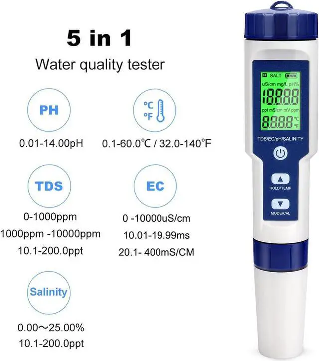 Alt view image 2 of 6 - Digital PH Meter, 5 in 1 Water Quality Tester with Backlight, PH/TDS/EC/Salinity/Temp Meter with ATC, 0.01 Resolution High Accuracy Pen Type Tester, for Aquarium, Spas, Drinking Water