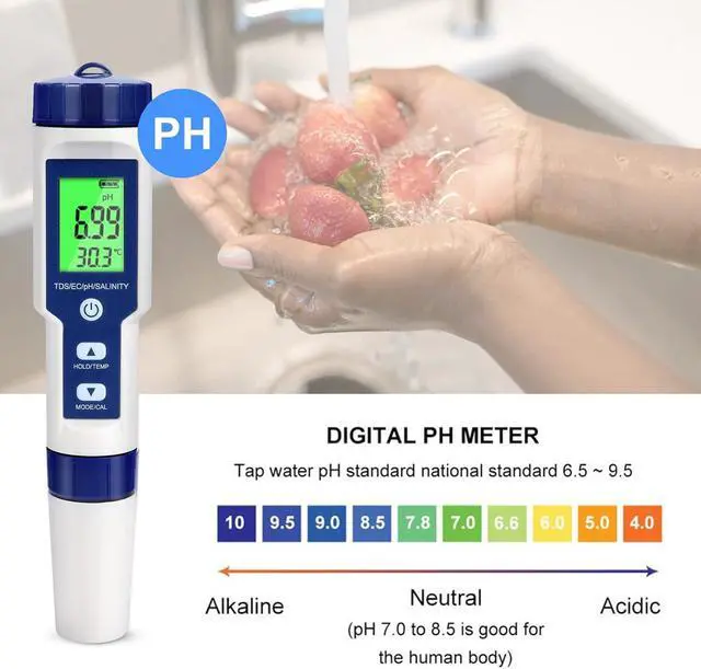 Alt view image 3 of 6 - Digital PH Meter, 5 in 1 Water Quality Tester with Backlight, PH/TDS/EC/Salinity/Temp Meter with ATC, 0.01 Resolution High Accuracy Pen Type Tester, for Aquarium, Spas, Drinking Water