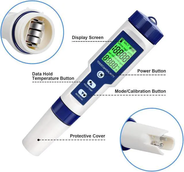 Alt view image 5 of 6 - Digital PH Meter, 5 in 1 Water Quality Tester with Backlight, PH/TDS/EC/Salinity/Temp Meter with ATC, 0.01 Resolution High Accuracy Pen Type Tester, for Aquarium, Spas, Drinking Water