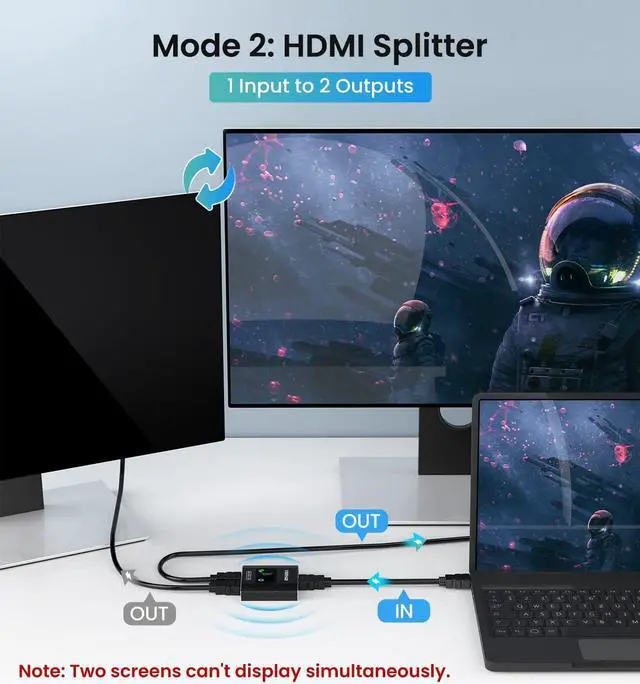 Alt view image 3 of 7 - HDMI Switch HDMI Splitter 4K@60hz HDR, Aluminum HDMI 2.0 Switcher, Bi-Directional HDMI Switch Splitter 1 in 2 Out or 2 in 1 Out, for Roku PS4 Xbox Apple TV Blue-Ray DVD Player Fire Stick Cable Box PC