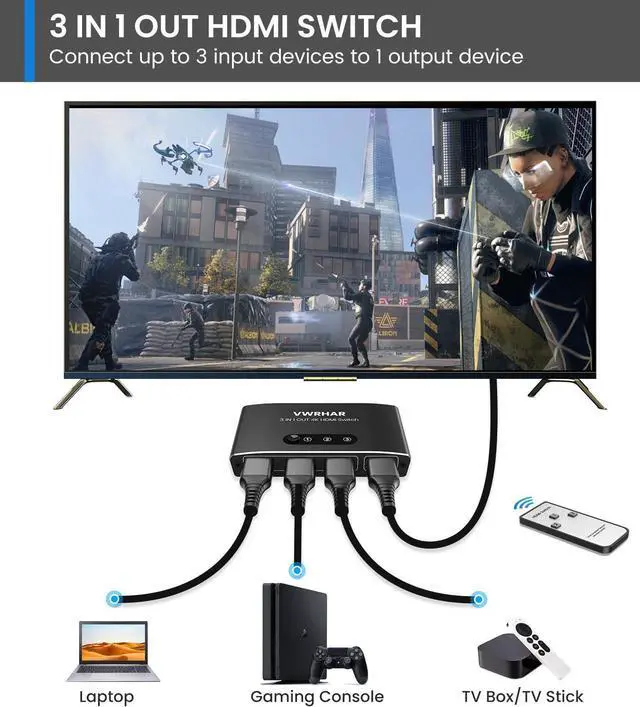 Alt view image 2 of 7 - HDMI Switch 3 in 1 Out 4K UHD HDMI Switcher Splitter, Automatic Switch with Remote Metal HDMI Switch Box Hub Support 4K 30Hz 3D 1080P HDCP1.4 for PS5 PS4 Xbox DVD Player Fire Stick Apple TV PC
