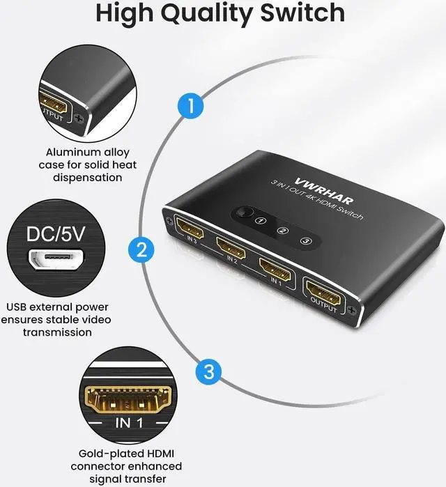 Alt view image 7 of 7 - HDMI Switch 3 in 1 Out 4K UHD HDMI Switcher Splitter, Automatic Switch with Remote Metal HDMI Switch Box Hub Support 4K 30Hz 3D 1080P HDCP1.4 for PS5 PS4 Xbox DVD Player Fire Stick Apple TV PC