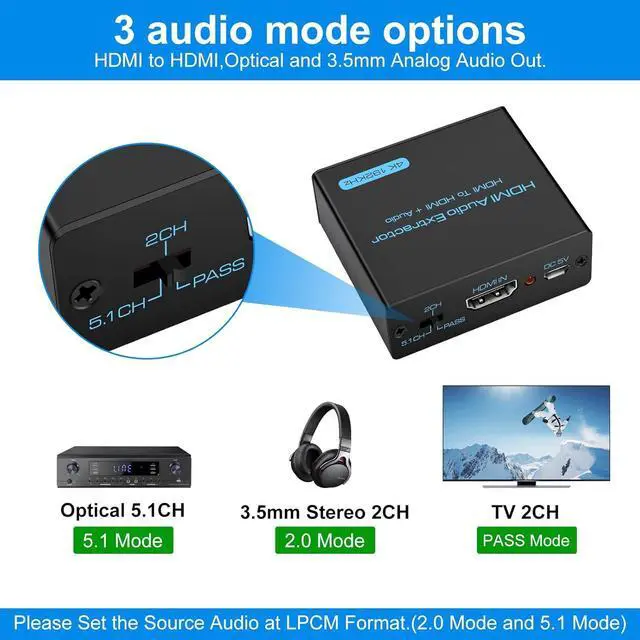 Alt view image 5 of 7 - HDMI Audio Extractor 4K x 2K@30Hz HDMI to Optical 3.5mm L/R AUX Audio Adapter Splitter Converter Supports HDCP 3D DTS 5.1 PCM