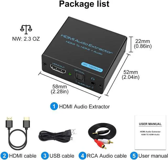 Alt view image 7 of 7 - HDMI Audio Extractor 4K x 2K@30Hz HDMI to Optical 3.5mm L/R AUX Audio Adapter Splitter Converter Supports HDCP 3D DTS 5.1 PCM