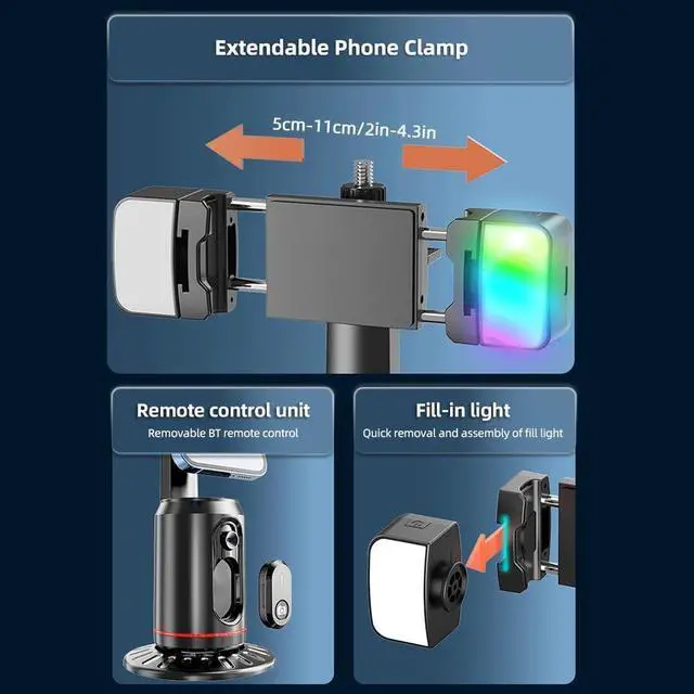 Alt view image 6 of 7 - 360° Auto Face Tracking Tripod Cell Phone Holder Gesture Control Built-in Battery with 1/4 Inch Screw & Detachable Bi-color Temperature/RGB Fill Lights & Remote Shutter for Vlog Live Video Recording