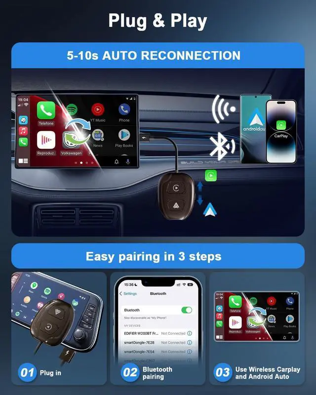 Alt view image 6 of 6 - Wireless Android Auto Adapter, Android Auto Wireless Dongle Converts Wired Android Auto to Wireless, Android Auto Bluetooth Adapter 5Ghz WiFi Auto-Connect, Android Auto Car Adapter for Cars After 2017