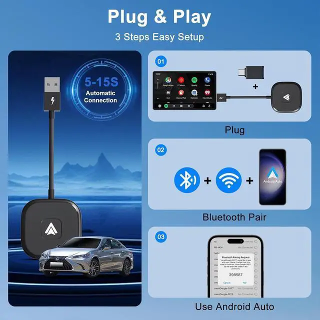 Alt view image 5 of 7 - Android Auto Wireless Adapter,Wireless Android Auto Car Adapter/Dongle Plug and Play for Factory Wired Android Auto in All Cars - Low Latency and Easy to Install