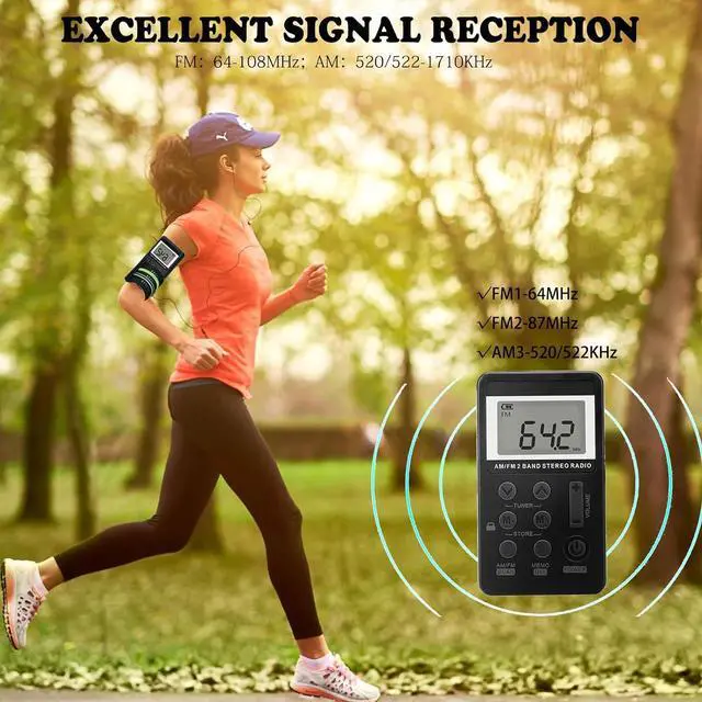 Alt view image 2 of 7 - AM FM Pocket Radio, Portable Digital Tuning AM FM Stereo Radio with Rechargeable Battery, LCD Display and Earphone for Walking (Black)