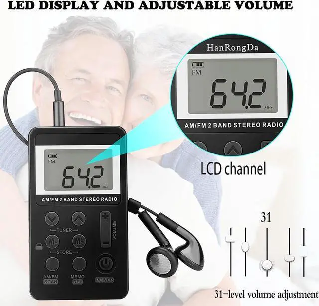 Alt view image 3 of 7 - AM FM Pocket Radio, Portable Digital Tuning AM FM Stereo Radio with Rechargeable Battery, LCD Display and Earphone for Walking (Black)