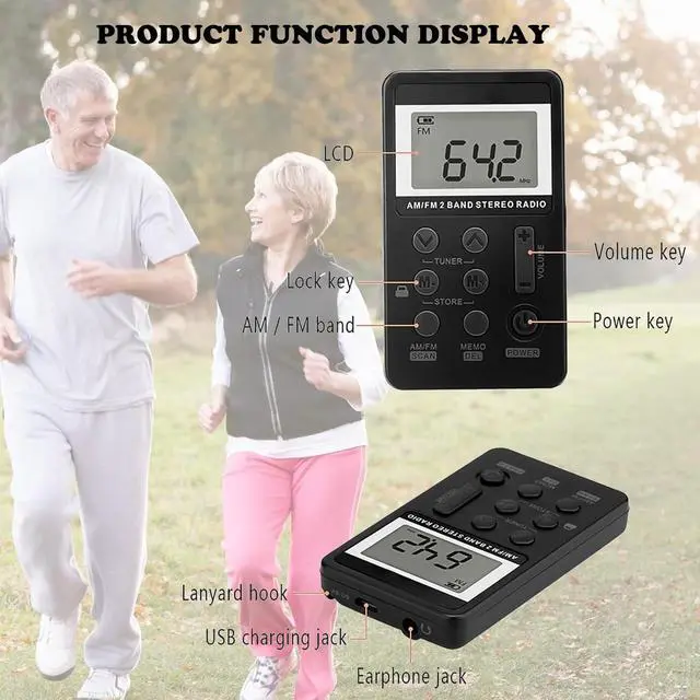 Alt view image 4 of 7 - AM FM Pocket Radio, Portable Digital Tuning AM FM Stereo Radio with Rechargeable Battery, LCD Display and Earphone for Walking (Black)