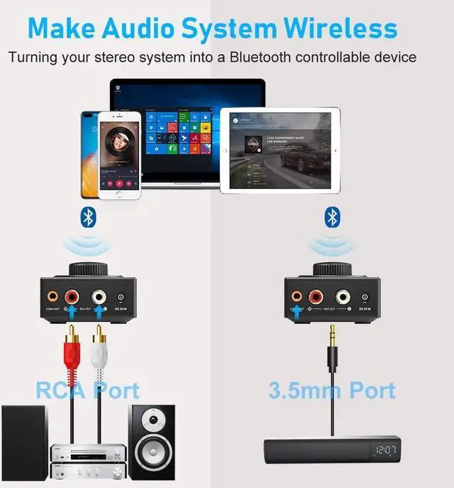 Alt view image 2 of 7 - Bluetooth 5.0 Receiver for Home Stereo, RCA 3.5mm Jack AUX HiFi Audio Adapter, Stereo Receiver with Volume Adjustment Receiving Music from Phone/Tablet/PC to Speaker/Subwoofer/Soundbar Home Stereo