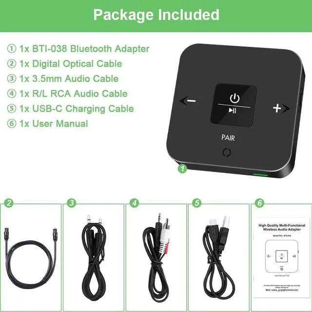 Alt view image 7 of 7 - Bluetooth 5.0 Transmitter Receiver for TV, 2 in 1 Bluetooth Aux Adapter for PC/DVD/MP3/Car/Home Stereo/Speaker/Gym, Optical/RCA/AUX Connection, (Black)