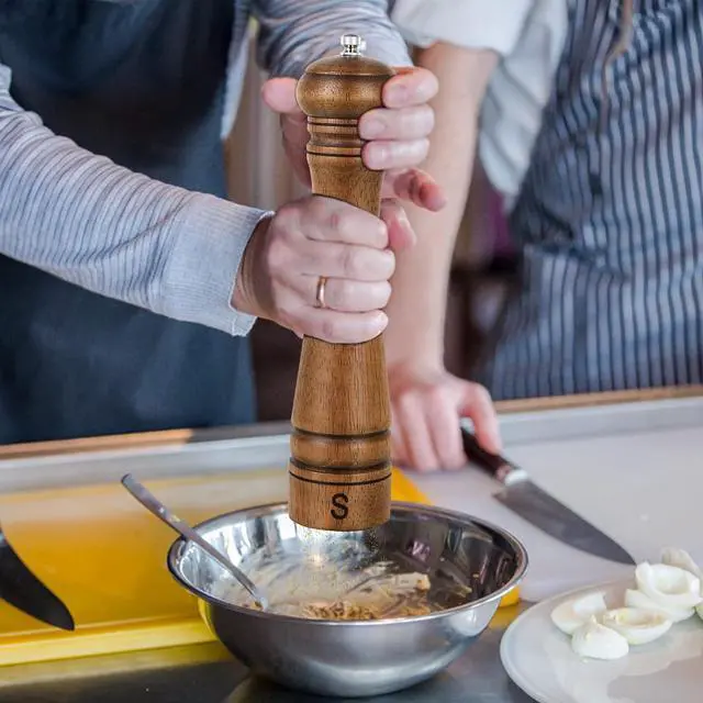 Alt view image 2 of 6 - Salt and Pepper Grinder Set, Wooden Salt Pepper Mill Grinders Kitchen Manual Wood Pepper Mills Set Refillable Adjustable Coarseness Ceramic Rotor 10 Inches,2pcs