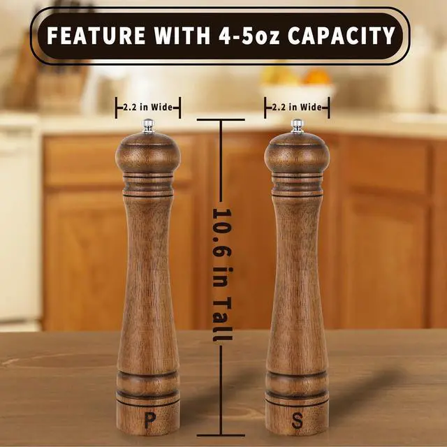 Alt view image 3 of 6 - Salt and Pepper Grinder Set, Wooden Salt Pepper Mill Grinders Kitchen Manual Wood Pepper Mills Set Refillable Adjustable Coarseness Ceramic Rotor 10 Inches,2pcs