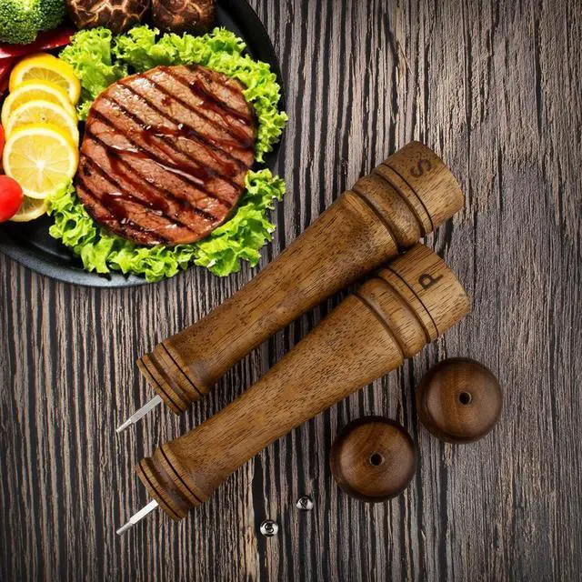 Alt view image 4 of 6 - Salt and Pepper Grinder Set, Wooden Salt Pepper Mill Grinders Kitchen Manual Wood Pepper Mills Set Refillable Adjustable Coarseness Ceramic Rotor 10 Inches,2pcs