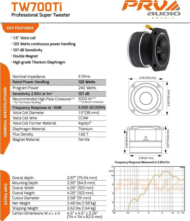 Alt view image 6 of 6 - prv audio tw700ticr titanium 4" chrome bullet super tweeter 8 ohms 1.5" vc pro audio high frequency driver 107db 120 watts rms  builtin polyester capacitor