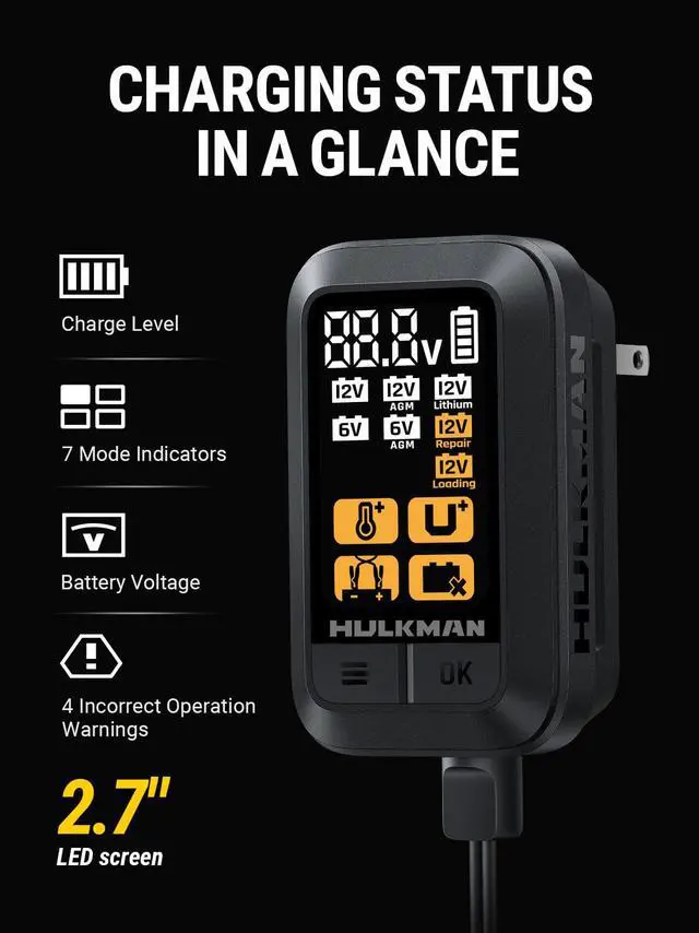 Alt view image 4 of 7 - HULKMAN Sigma 1, 1000mA 6V/12V Smart and Automatic Car Battery Charger, Trickle Charger, Battery Maintainer, and Desulfator with Intelligent Interface