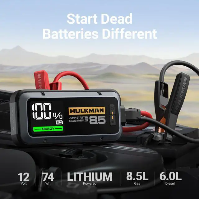 Alt view image 3 of 7 - Hulkman Alpha85S,Space Gray, 2000A 74Wh Smart Jump Starter with -40 Start Tech, 12V Portable Car Battery Booster, 3.3" LED Display, USB-C Power Pack, Jumper Cables for up to 8.5L Gas/6.0L Diesel