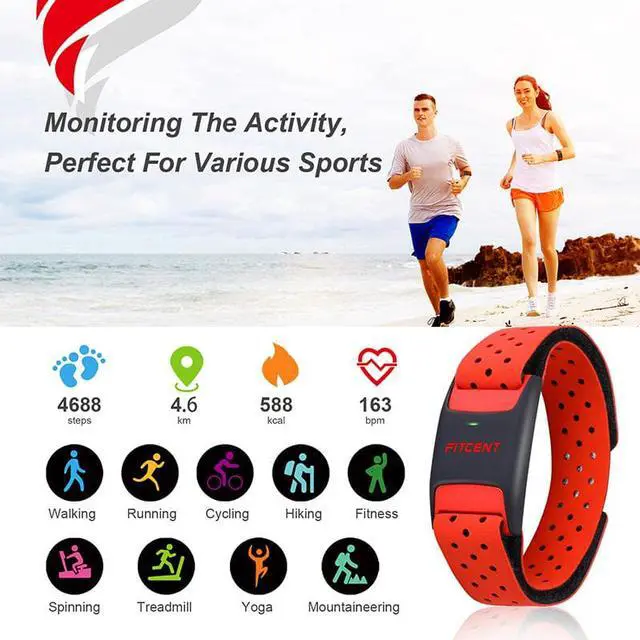 Alt view image 6 of 6 - FITCENT Heart Rate Monitor Armband, Bluetooth ANT+ Optical Heart Rate Sensor Arm Band, Rechargeable Fitness Tracker for Peloton Strava Zwift Polar Beat DDP Yoga Wahoo Fitness