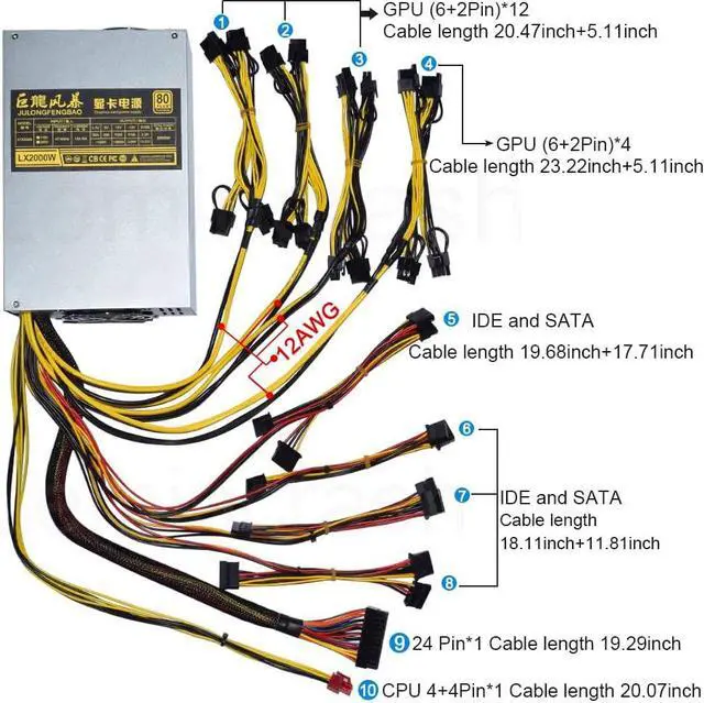 Alt view image 4 of 6 - 4U Double Fan ATX 2000W Miner Power Supply Support 8 GPU for ETH BTC LTC Graphics Card Mining Machine PSU
