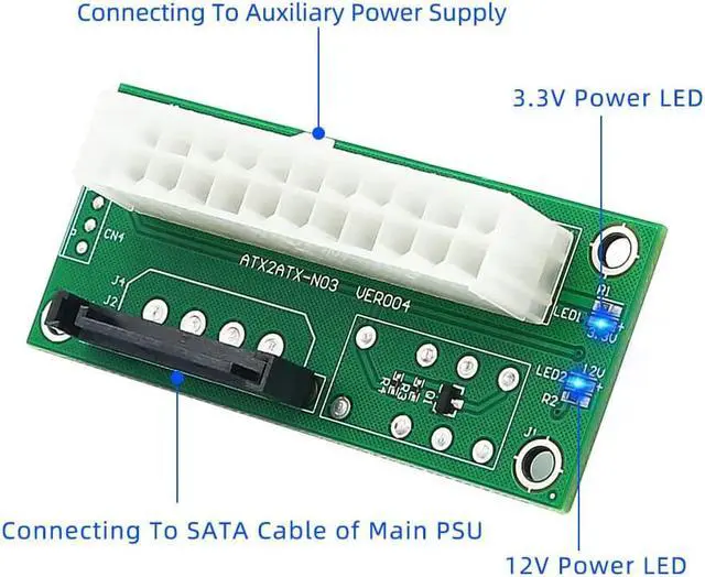 Alt view image 3 of 6 - Dual Power Supply Connector Add2PSU Multiple Power Supply Adapter, Synchronous Power Board, Add 2PSU with Power LED to SATA 15 Pin Connector