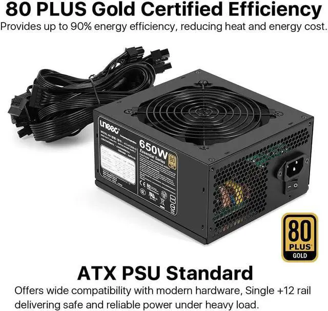 Alt view image 4 of 7 - Uneec 650W 80+ Plus Gold Certified Gaming Power Supply PSU Silent Fan 33dbm Maximum for ATX PC Server Workstation Computer, STI Crossfire Game, Dual CPU, Active PFC Auto Adapter