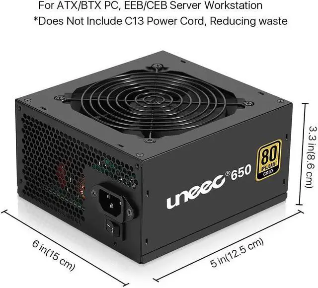 Alt view image 6 of 7 - Uneec 650W 80+ Plus Gold Certified Gaming Power Supply PSU Silent Fan 33dbm Maximum for ATX PC Server Workstation Computer, STI Crossfire Game, Dual CPU, Active PFC Auto Adapter