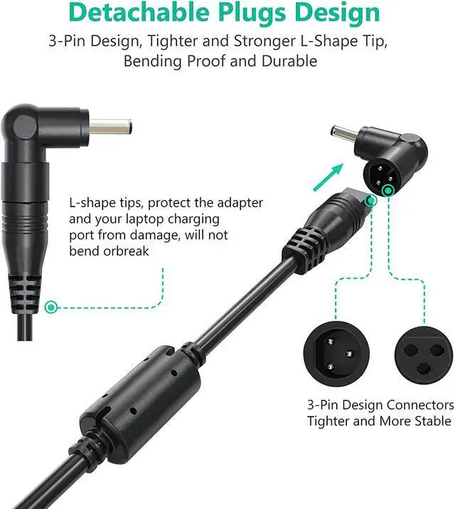 Alt view image 3 of 7 - Zolt 45W 65W Universal Laptop Charger for Acer Aspire 5 1 3 E5 ES1 A515-54 Swift 3 N15Q9 E5-575 Chromebook 11 R11 14 15 c7 Travelmate P6 Swift Spin 1 3 5 Series Power Supply Cord 19V 3.24A Max