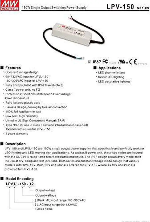 Alt view image 4 of 6 - LED Driver 153.6W 48V 3.2A LPV-150-48 Meanwell AC-DC SMPS LPV-150 Series MEAN WELL C.V Power Supply
