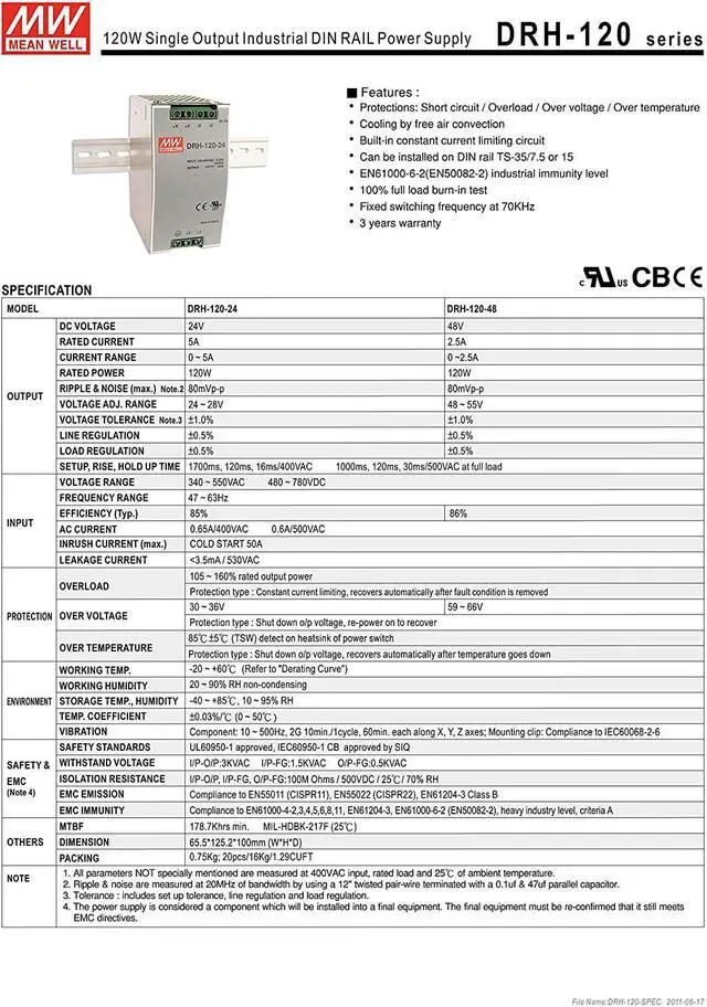 Alt view image 2 of 3 - [PowerNex] Mean Well DRH-120-48 24V 5A 120W Single Output Industrial DIN RAIL Power Supply