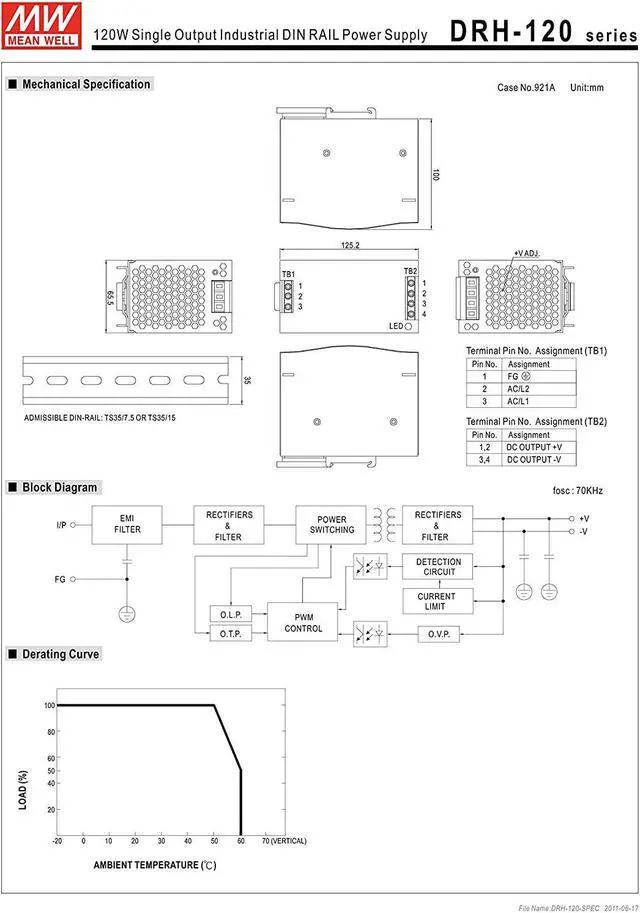 Alt view image 3 of 3 - [PowerNex] Mean Well DRH-120-48 24V 5A 120W Single Output Industrial DIN RAIL Power Supply