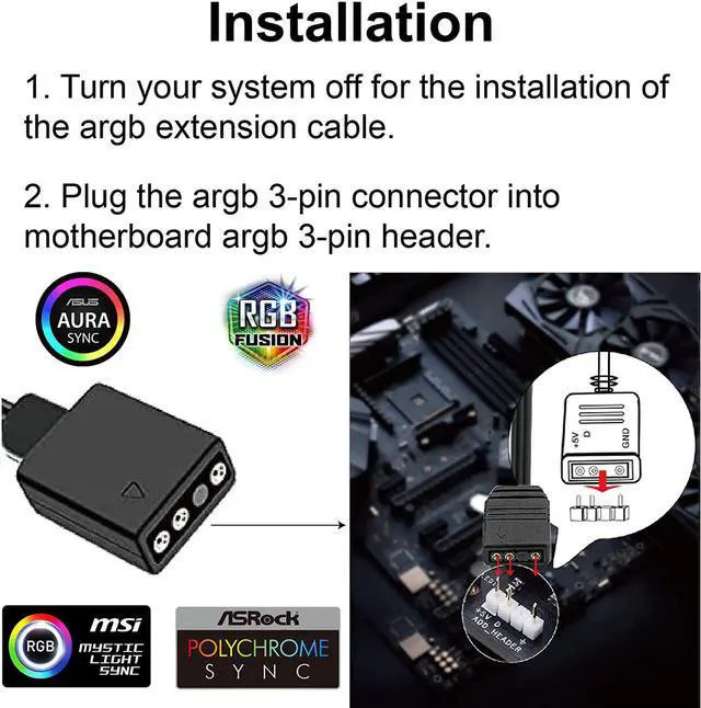 Alt view image 4 of 7 - Airgoo Addressable RGB PSU Cable, 24 Pin ATX RGB Cable Extension Kit with Customized Diffused Neon LED Strips, 120 LEDs Super Bright for 5V 3-pin Aura SYNC, Gigabyte RGB Fusion, MSI Mystic Light Sync