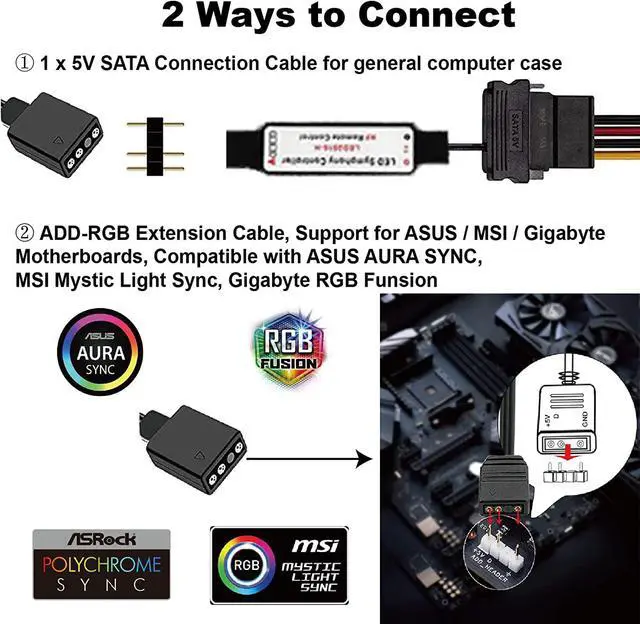 Alt view image 4 of 7 - Airgoo Addressable RGB PSU Cable, 24 Pin ATX Cable Extension Kit, with Diffused Lighting, 120 LEDs Super Bright for 5V 3-pin Aura SYNC, Gigabyte RGB Fusion, MSI Mystic Light Sync, with Remote Control