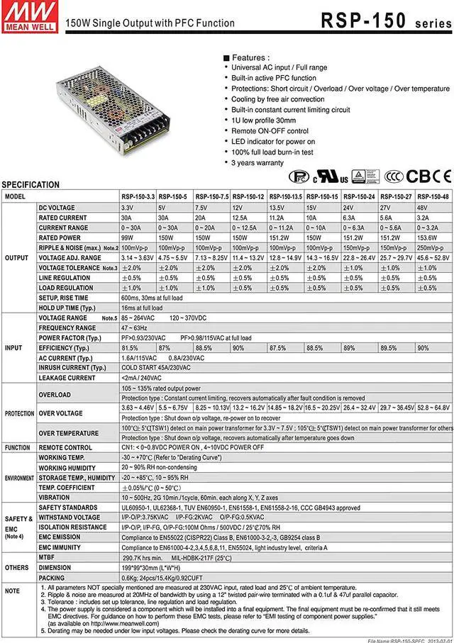 Alt view image 2 of 3 - MW Mean Well RSP-150-13.5 13.5V 11.2A 150W Single Output with PFC Function Power Supply