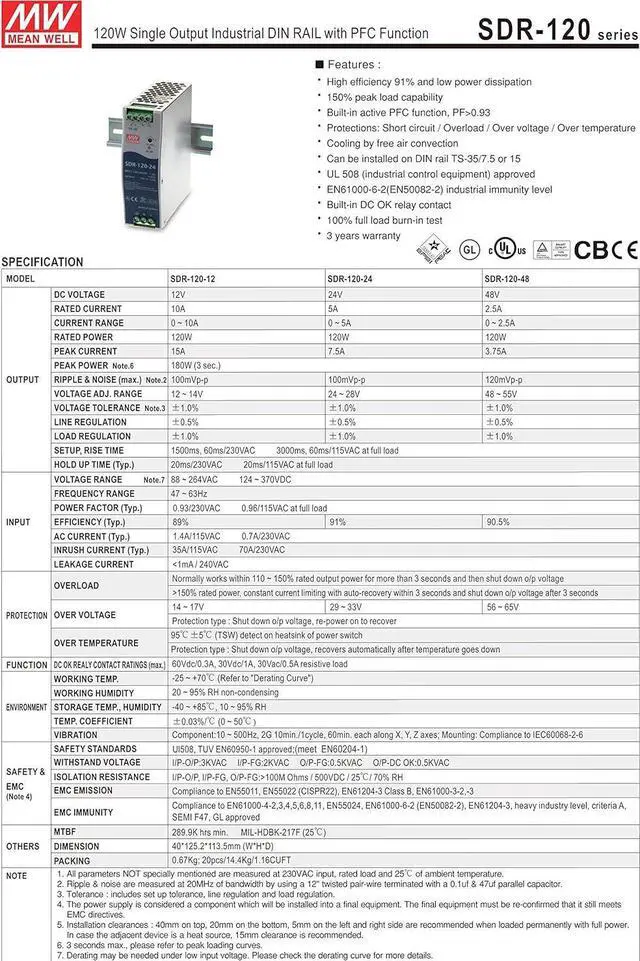 Alt view image 2 of 4 - MEAN WELL MW SDR-120-48 48V 2.5A 120W Single Output Industrial DIN Rail with PFC Function Power Supply
