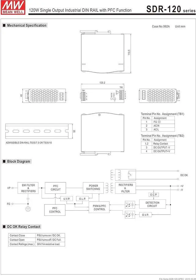 Alt view image 3 of 4 - MEAN WELL MW SDR-120-48 48V 2.5A 120W Single Output Industrial DIN Rail with PFC Function Power Supply