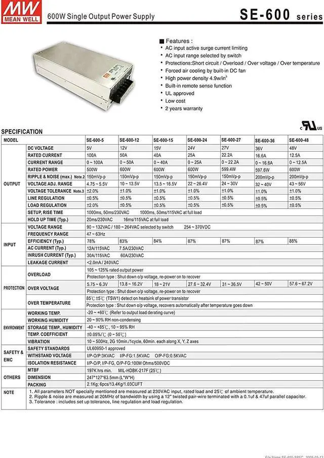 Alt view image 2 of 3 - SE-600 meanwell Power Supply (SE-600-48: 48V12.5A)