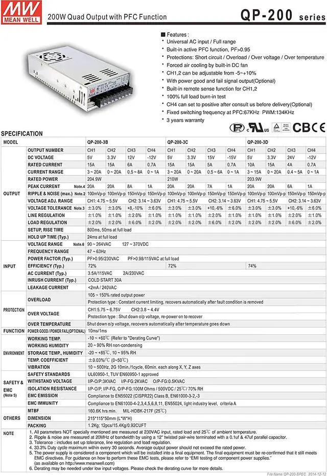 Alt view image 3 of 4 - Mean Well Original QP-200F Quad Output with PFC Function Power Supply 5/15/24/-15V 15/3/3/0.9A 200W