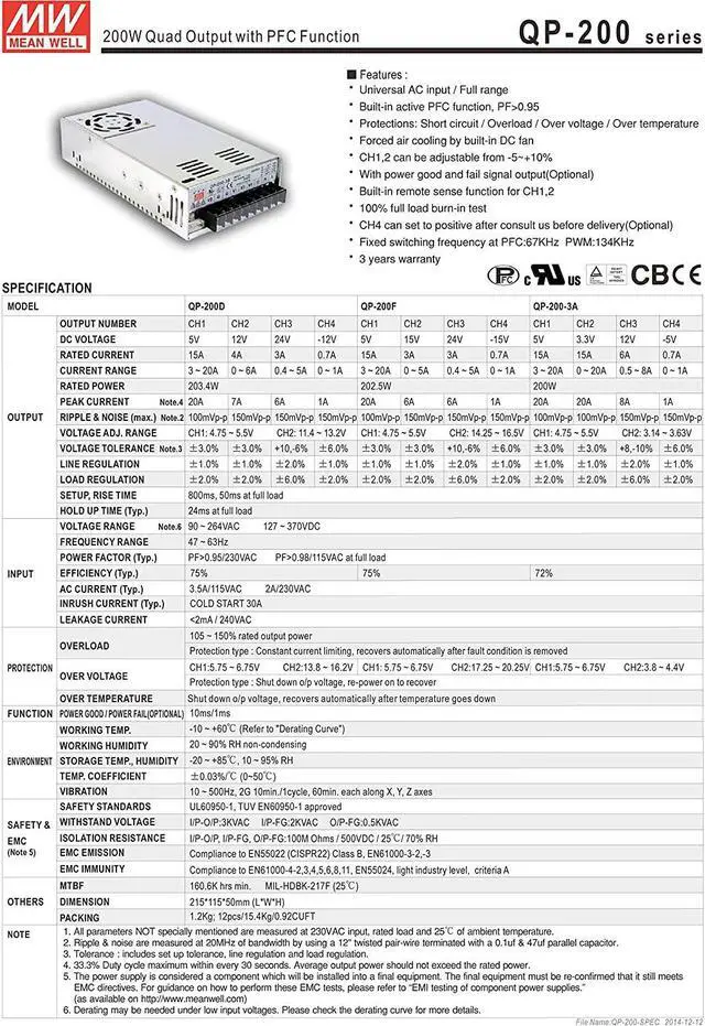 Alt view image 2 of 4 - Mean Well Original QP-200F Quad Output with PFC Function Power Supply 5/15/24/-15V 15/3/3/0.9A 200W