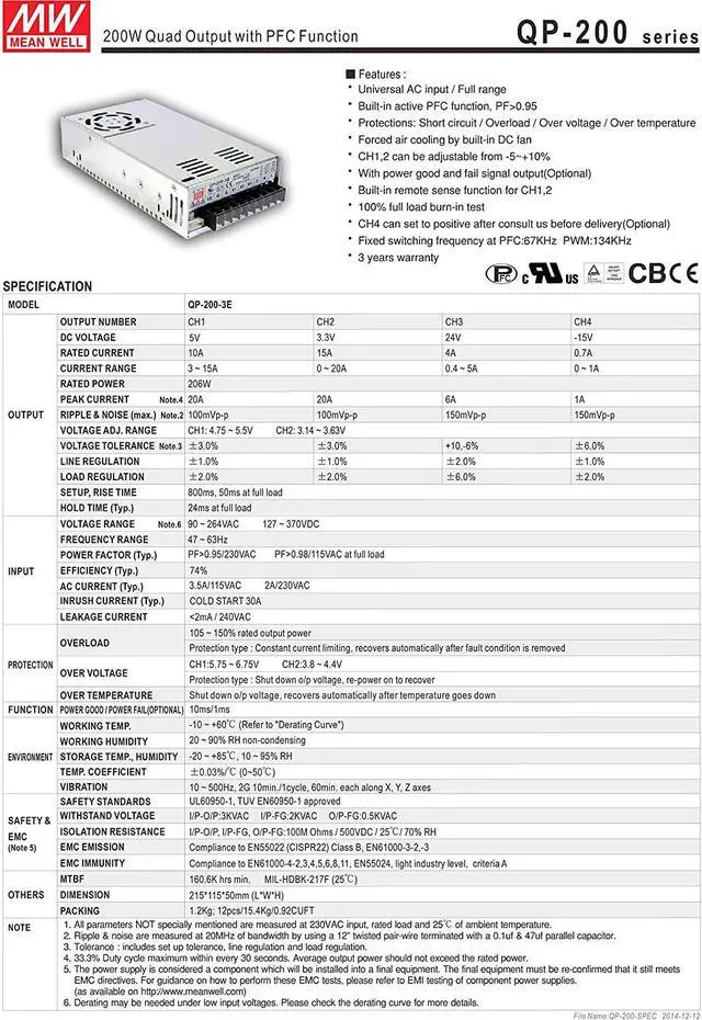 Alt view image 4 of 4 - Mean Well Original QP-200F Quad Output with PFC Function Power Supply 5/15/24/-15V 15/3/3/0.9A 200W