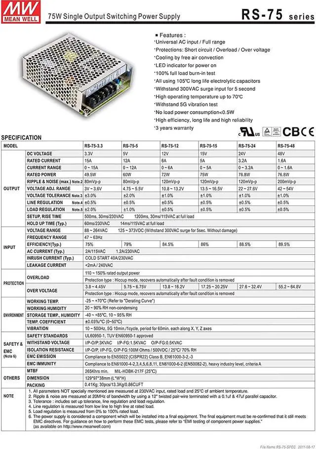 Alt view image 2 of 3 - MEAN WELL RS-75-12 AC to DC Power Supply, Single Output, 12V, 6 Amp, 72W, 1.5" - 323599