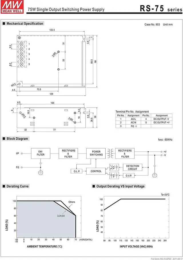 Alt view image 3 of 3 - MEAN WELL RS-75-12 AC to DC Power Supply, Single Output, 12V, 6 Amp, 72W, 1.5" - 323599
