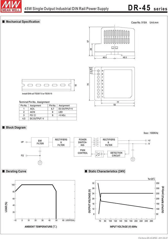 Alt view image 3 of 3 - MW Mean Well DR-4524 24V 2A 45W Single Output Industrial DIN Rail Power Supply