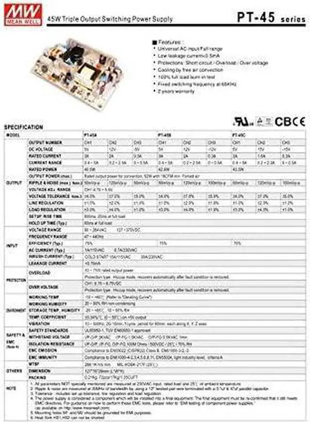Alt view image 4 of 4 - Industrial Open Frame 43.5W PT-45C Meanwell AC-DC Triple Output PT-45 Series MEAN WELL Switching Power Supply