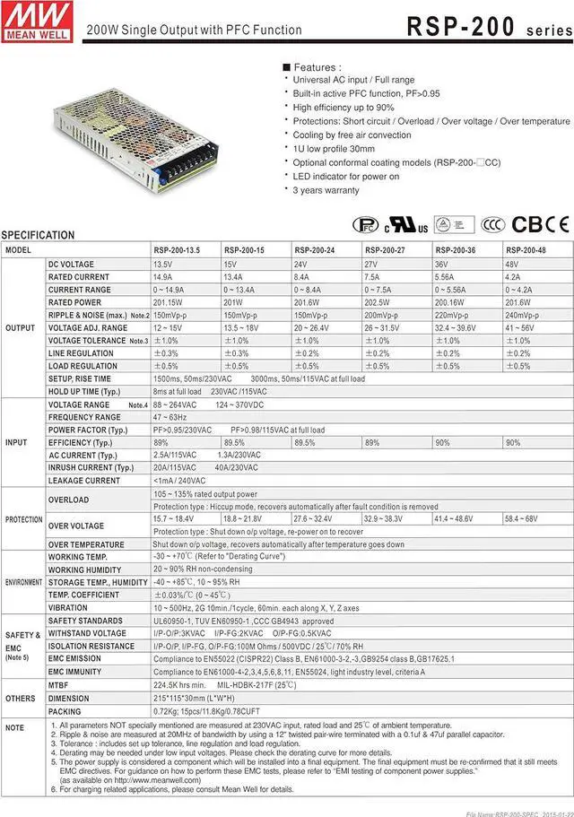 Alt view image 2 of 3 - MW Mean Well RSP-200-13.5 13.5V 14.9A Low Profile Switching Power Supplies