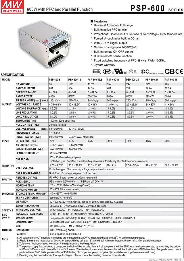 Alt view image 2 of 4 - MW Mean Well PSP-600-48 48V 12.5A 600W with PFC and Parallel Function Power Supply