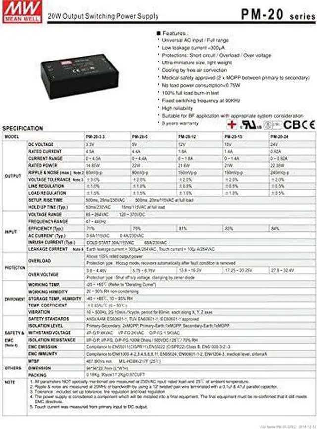 Alt view image 2 of 2 - MEAN WELL Modular Medical Adapter 22.08W 24V 0.92A PM-20-24 Meanwell AC-DC SMPS PM-20 Series Switching Power Supply
