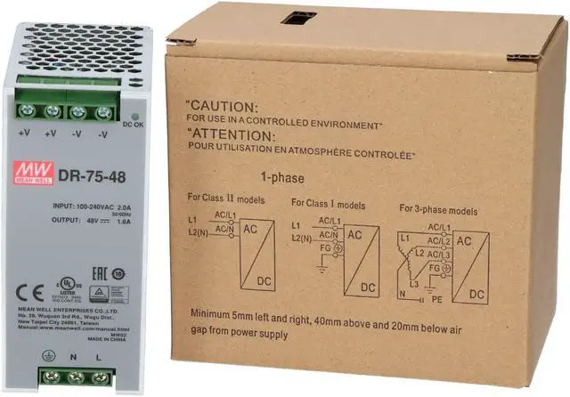 Main image of Mean Well DR-75-48 Power Supply, Switching, DIN, 75 W, 48 VDC, 1.6A, 85-264 VAC